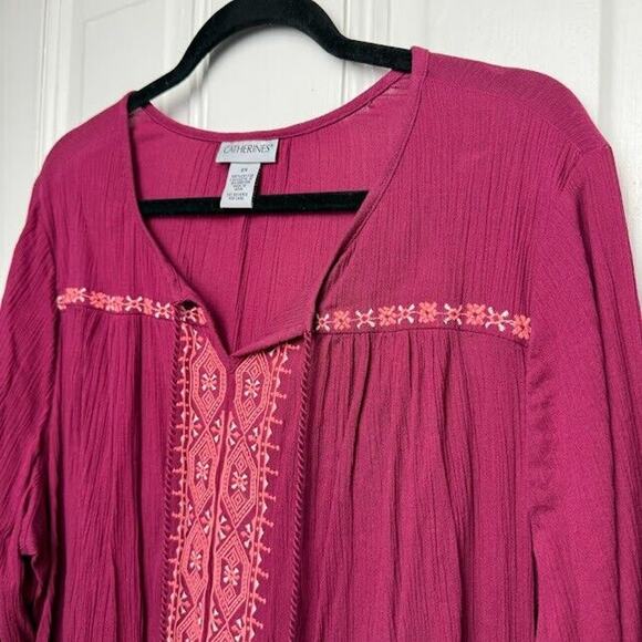 Boho Blouse Womens 2X Maroon Embroidered Pullover French Tassels Southwestern - Picture 2 of 5